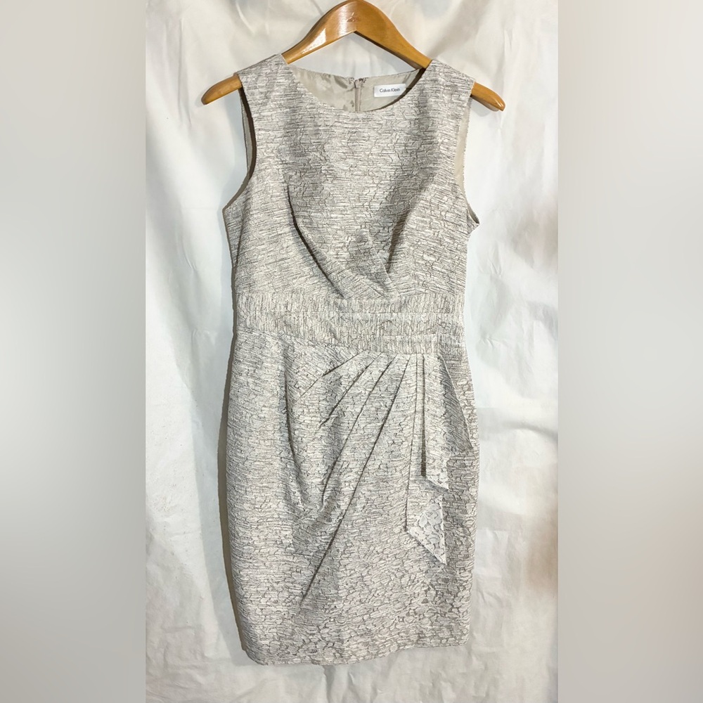Calvin Klein Textured pleat Dress Sz 6 Pencil Origami Pleat Sash Office Party